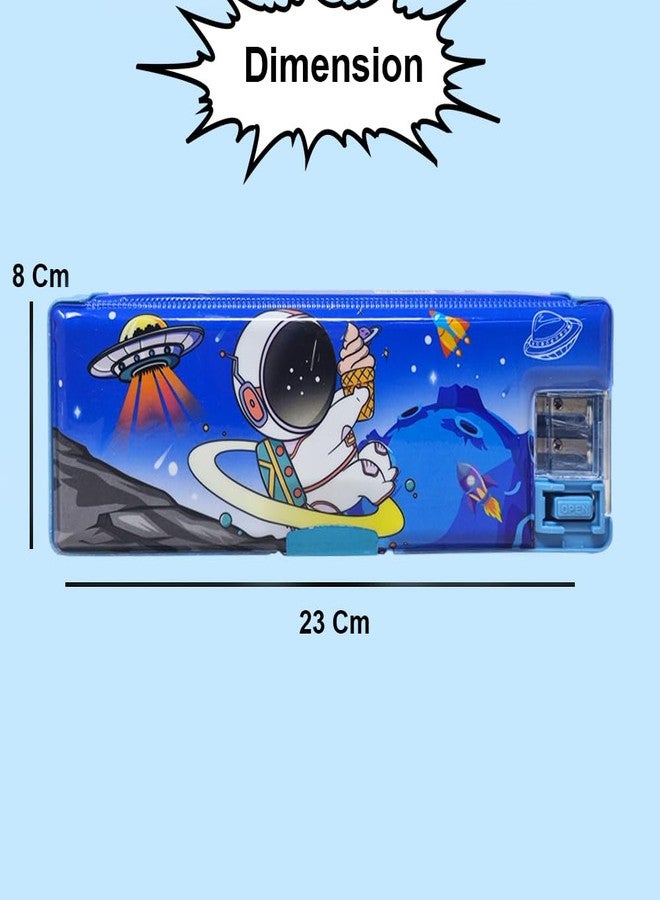Sidak Plastic Space Themed Pencil Box, Inbuilt LED Light with 2 Compartments and Dual Sharpener, Magnetic Lock, Pencil Box for Kids (Blue) - Image 3